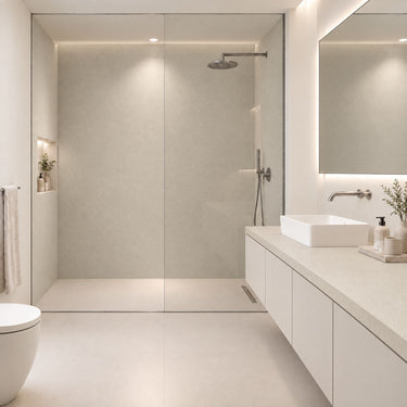Quartz Bone interieurfolie sfeerbeeld badkamer - Steenlook 122 cm
